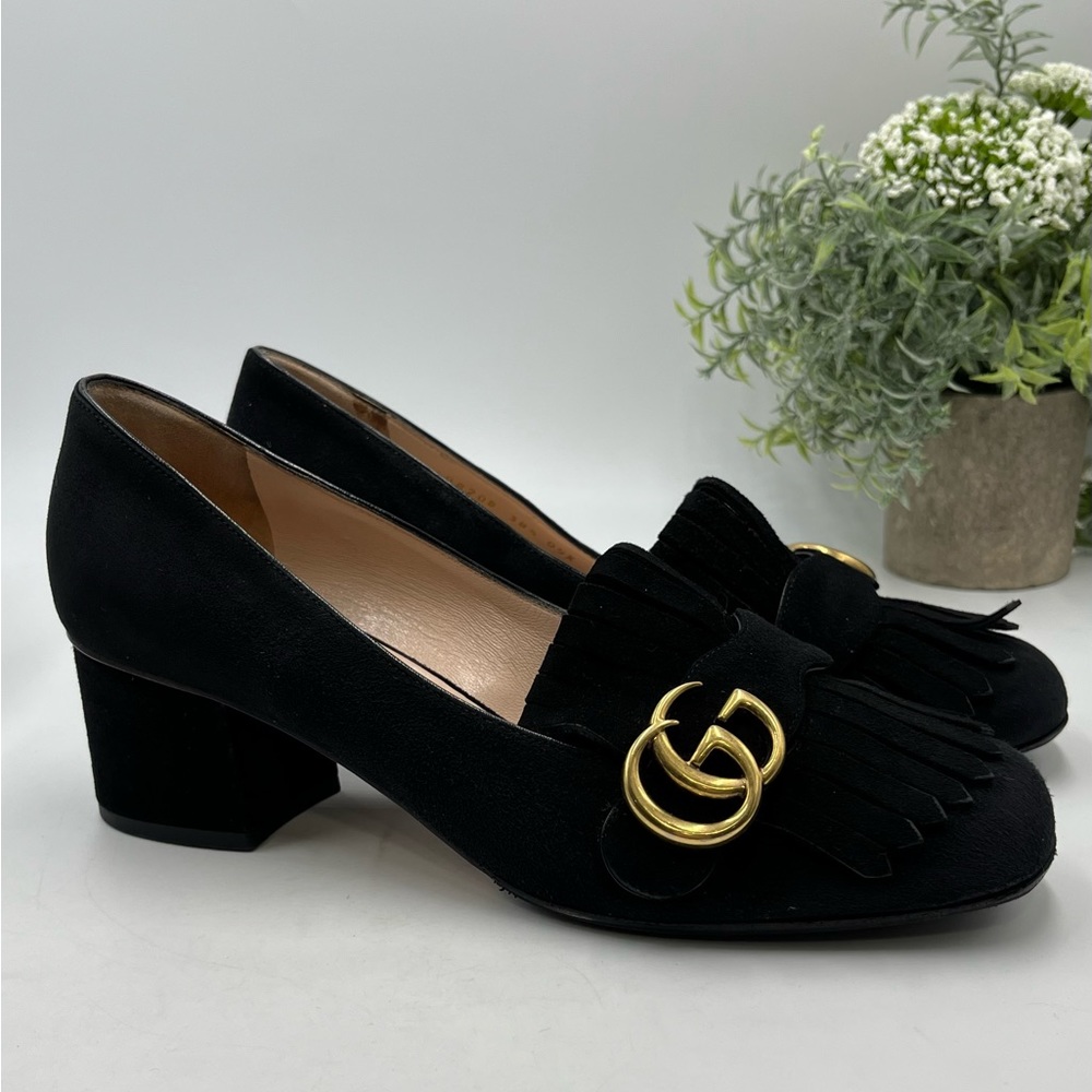 Gucci Black Suede GG Marmont Fringed Pumps Block Heel Loafers Sz 38.5/8.5